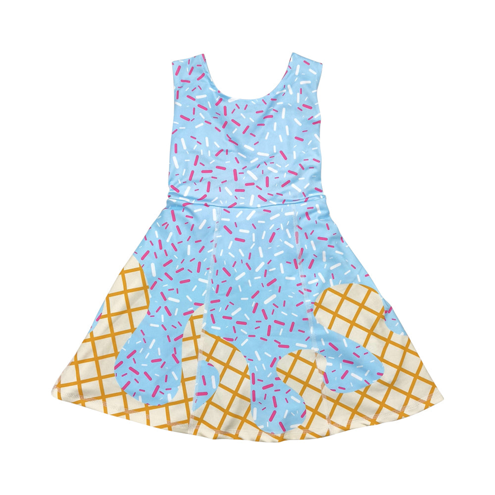 NO MOQ RTS GSD2380 Girl Clothes Blue Ice Cream Waffle Cone Print Sleeveless Scoop Neck Flare Twirl Dress 202610
