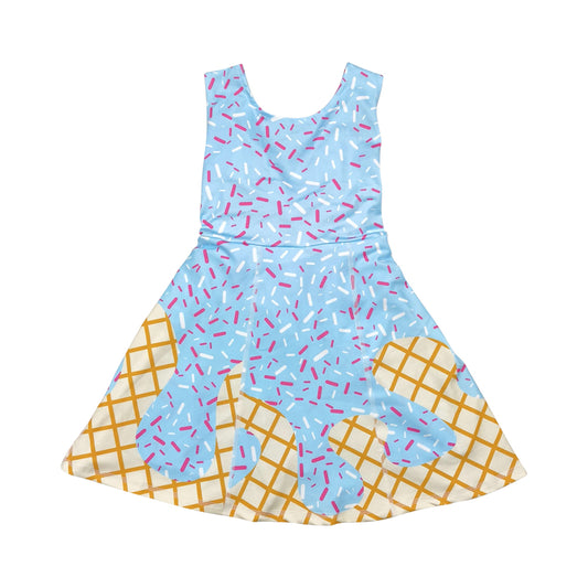 NO MOQ RTS GSD2380 Girl Clothes Blue Ice Cream Waffle Cone Print Sleeveless Scoop Neck Flare Twirl Dress 202610