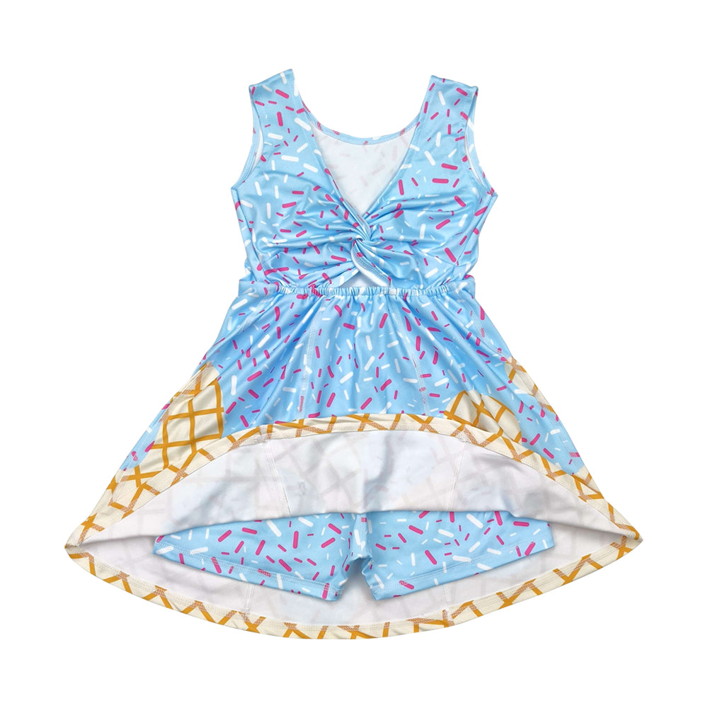 NO MOQ RTS GSD2380 Girl Clothes Blue Ice Cream Waffle Cone Print Sleeveless Scoop Neck Flare Twirl Dress 202610