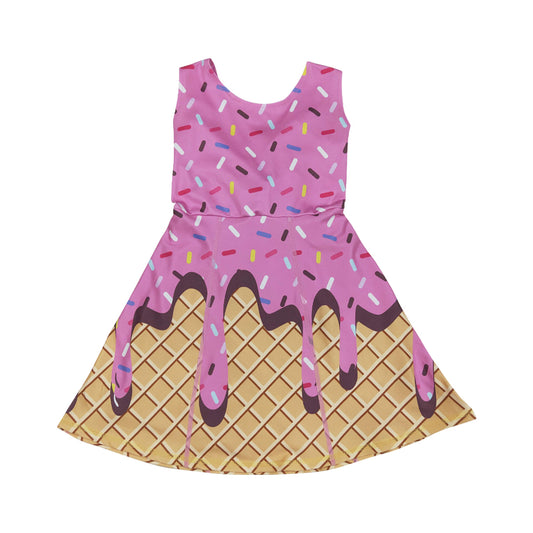NO MOQ RTS GSD2413 Girl Clothes Pink Melting Ice Cream Waffle Print Sleeveless Scoop Neck Flare Twirl Dress 202610
