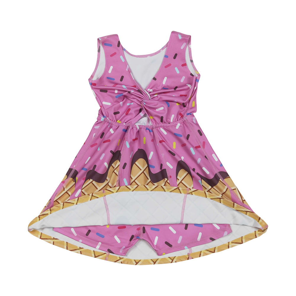 NO MOQ RTS GSD2413 Girl Clothes Pink Melting Ice Cream Waffle Print Sleeveless Scoop Neck Flare Twirl Dress 202610