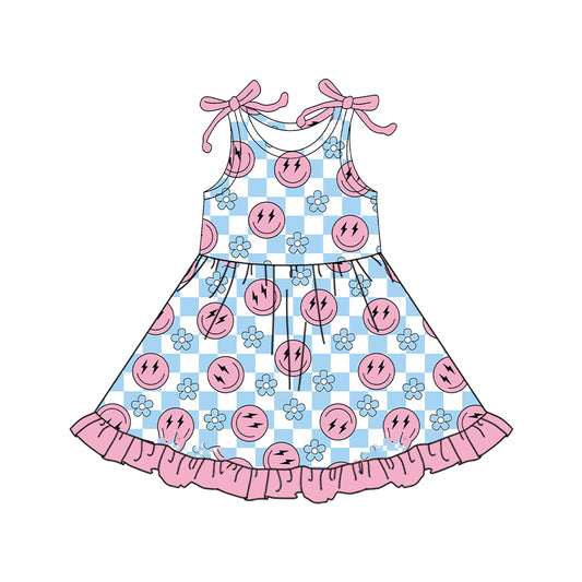 GSD2506 flowers checkerboard smile  girl summer dress 202504 preorder