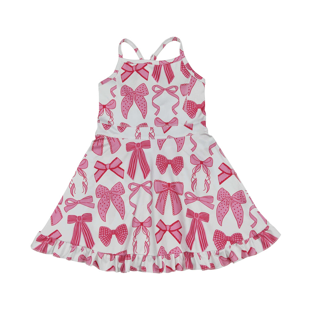 NO MOQ RTS GSD2564 Girl Clothes Pink Bow Ribbon Print Sleeveless Criss Cross Strap Ruffle Hem Tennis Dress 202610