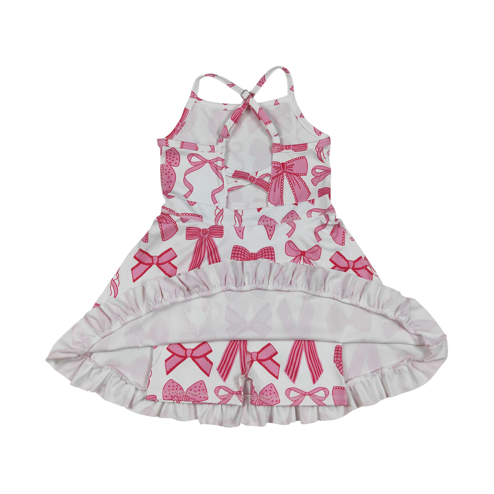 NO MOQ RTS GSD2564 Girl Clothes Pink Bow Ribbon Print Sleeveless Criss Cross Strap Ruffle Hem Tennis Dress 202610