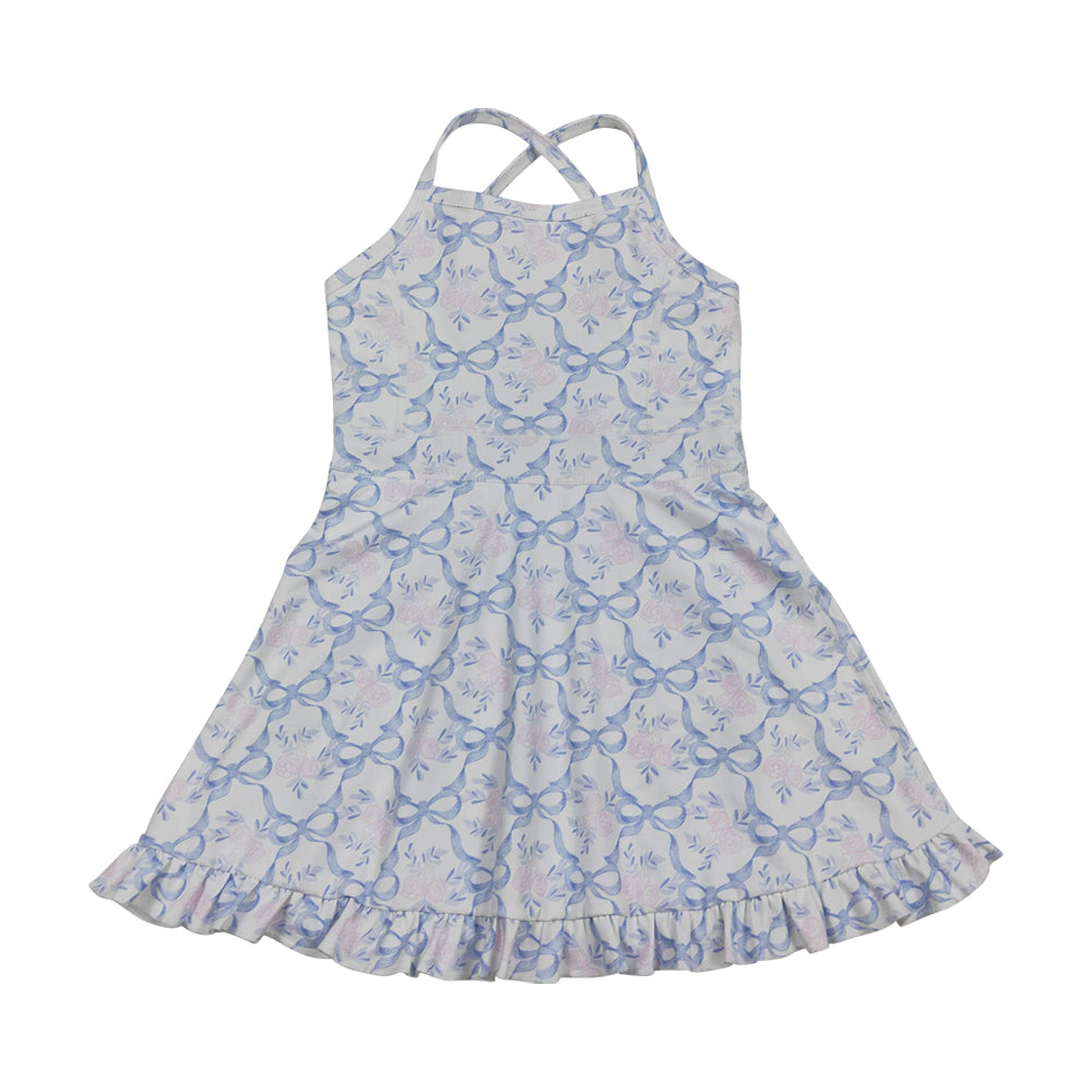 NO MOQ RTS GSD2580 Girl Clothes Blue Bow Floral Lattice Print Sleeveless Criss Cross Strap Ruffle Hem Tennis Dress 202610