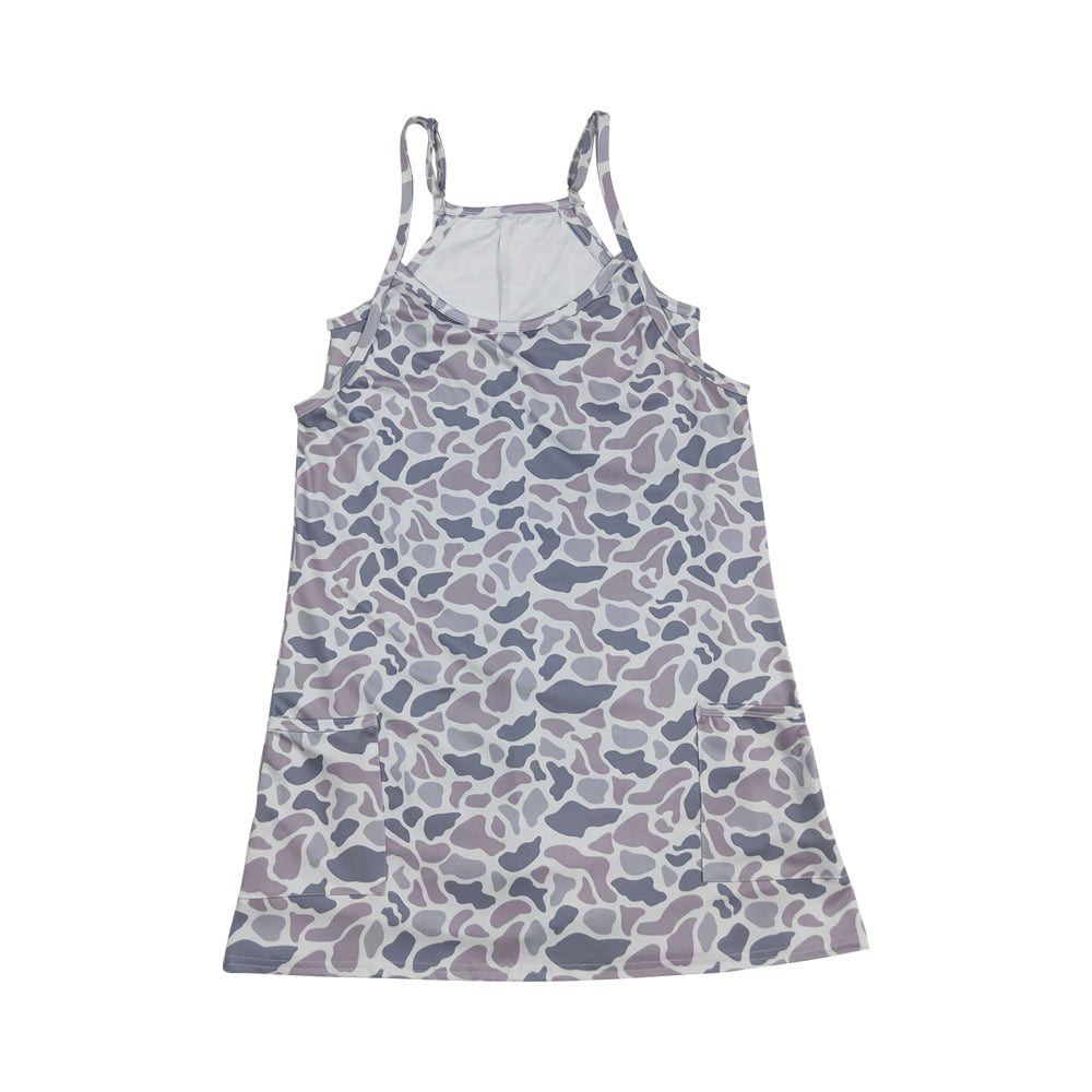 NO MOQ RTS GSD2733 Women Clothes Purple Camo Spot Print Sleeveless Spaghetti Strap Tennis Dress 202610