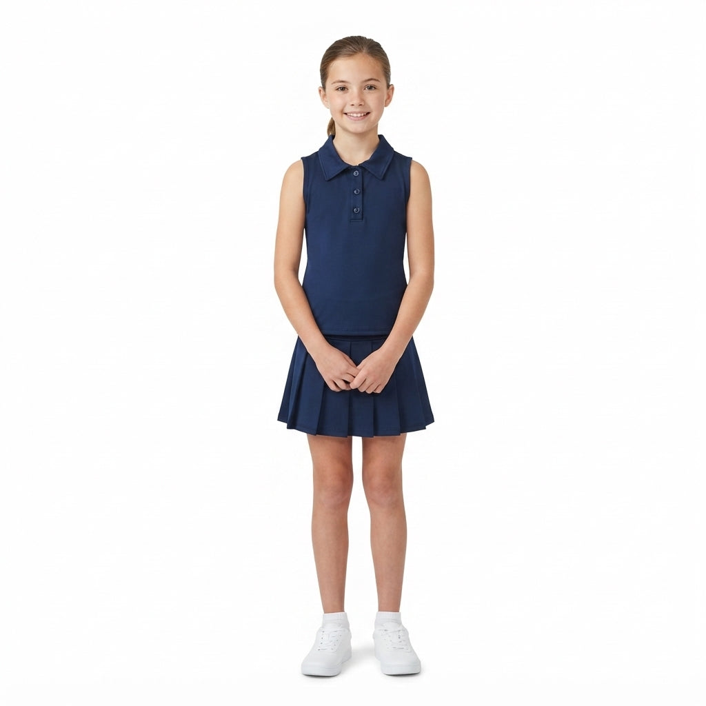 NO MOQ RTS GSD2796 Baby Girl Clothes Navy Solid Plain Print Sleeveless Polo Top Pleated Skirt Set 202610