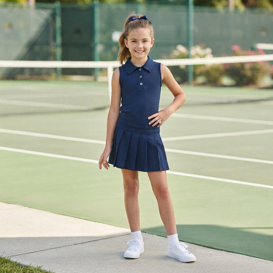 NO MOQ RTS GSD2796 Baby Girl Clothes Navy Solid Plain Print Sleeveless Polo Top Pleated Skirt Set 202610