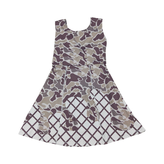NO MOQ RTS GSD2819 Girl Clothes Brown Camo Waffle Lattice Print Sleeveless Scoop Neck Flare Twirl Dress 202610