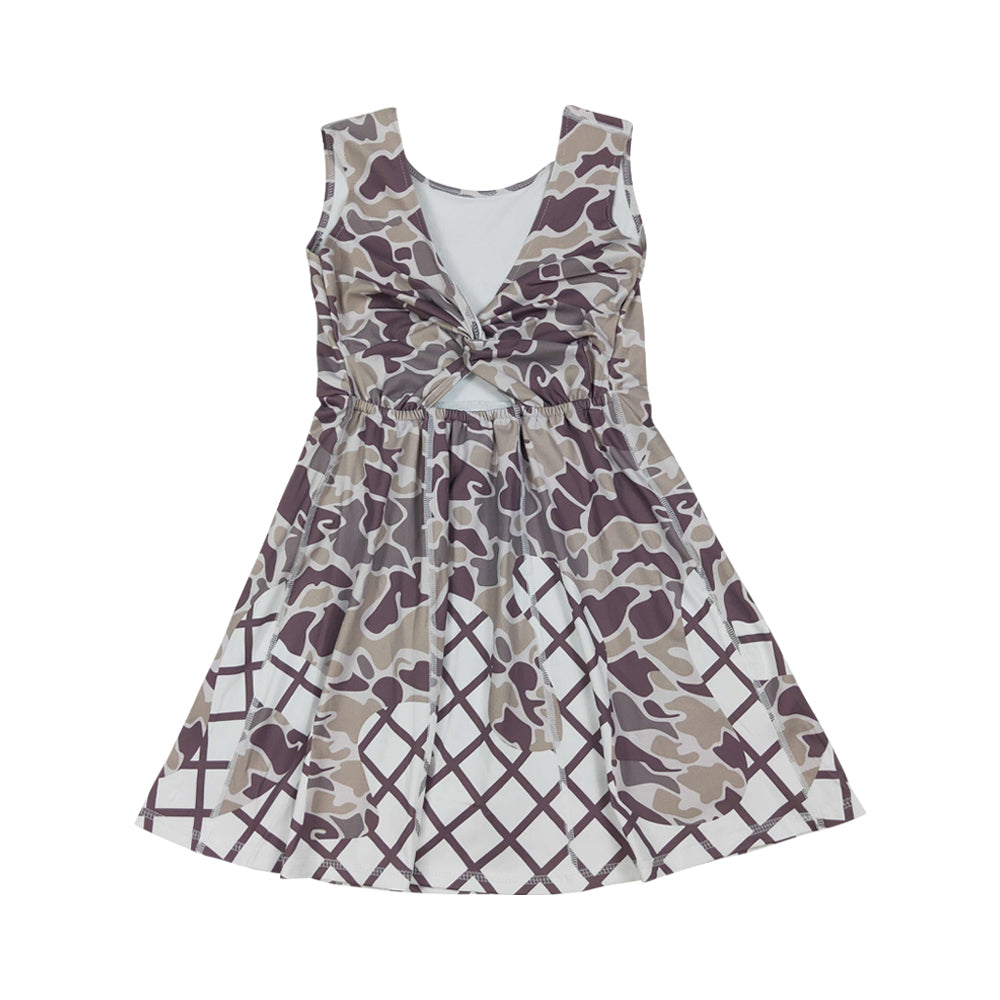 NO MOQ RTS GSD2819 Girl Clothes Brown Camo Waffle Lattice Print Sleeveless Scoop Neck Flare Twirl Dress 202610