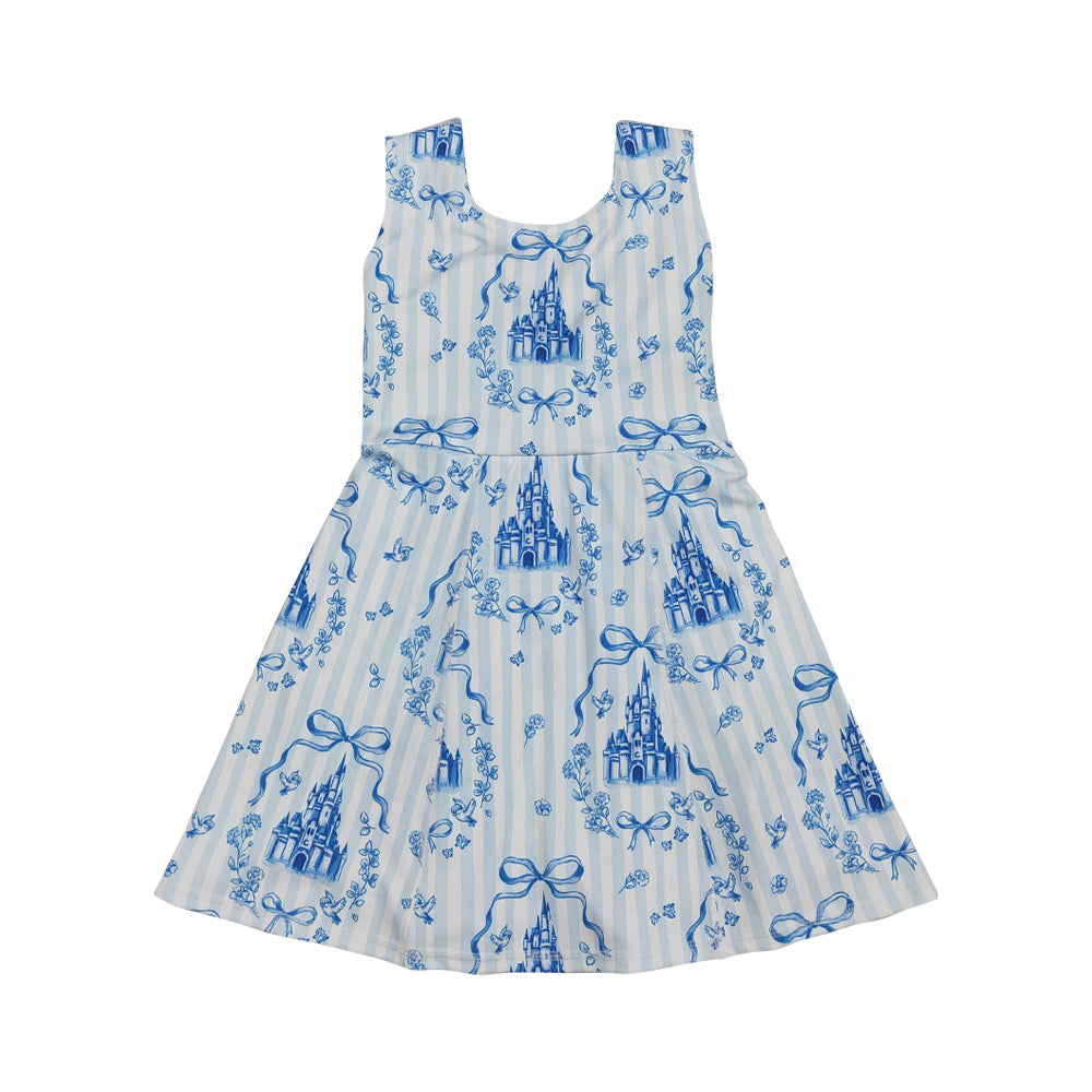 NO MOQ RTS GSD3068 Girl Clothes Blue Striped Castle Bow Floral Print Sleeveless Scoop Neck Flare Twirl Dress 202610