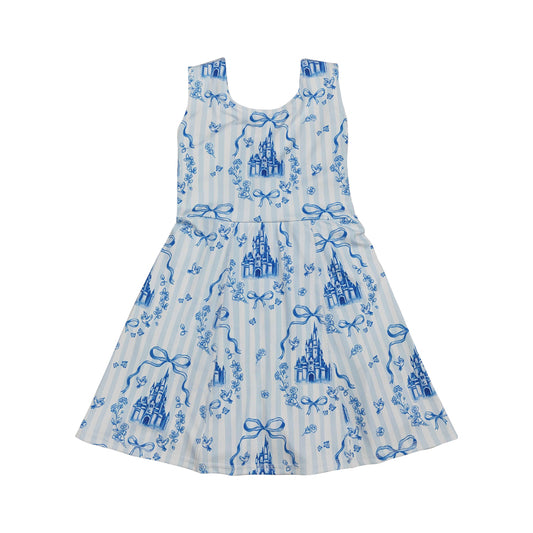 NO MOQ RTS GSD3068 Girl Clothes Blue Striped Castle Bow Floral Print Sleeveless Scoop Neck Flare Twirl Dress 202610