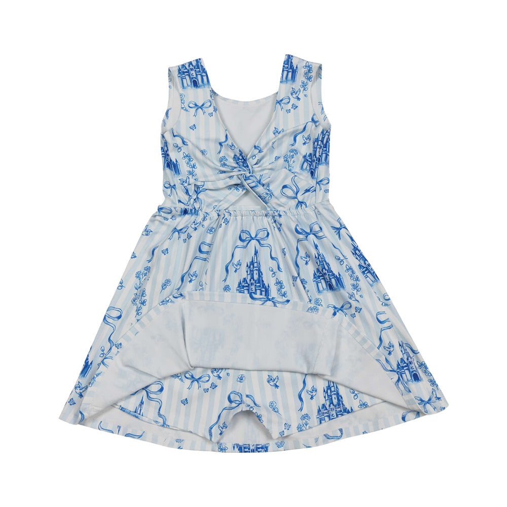 NO MOQ RTS GSD3068 Girl Clothes Blue Striped Castle Bow Floral Print Sleeveless Scoop Neck Flare Twirl Dress 202610