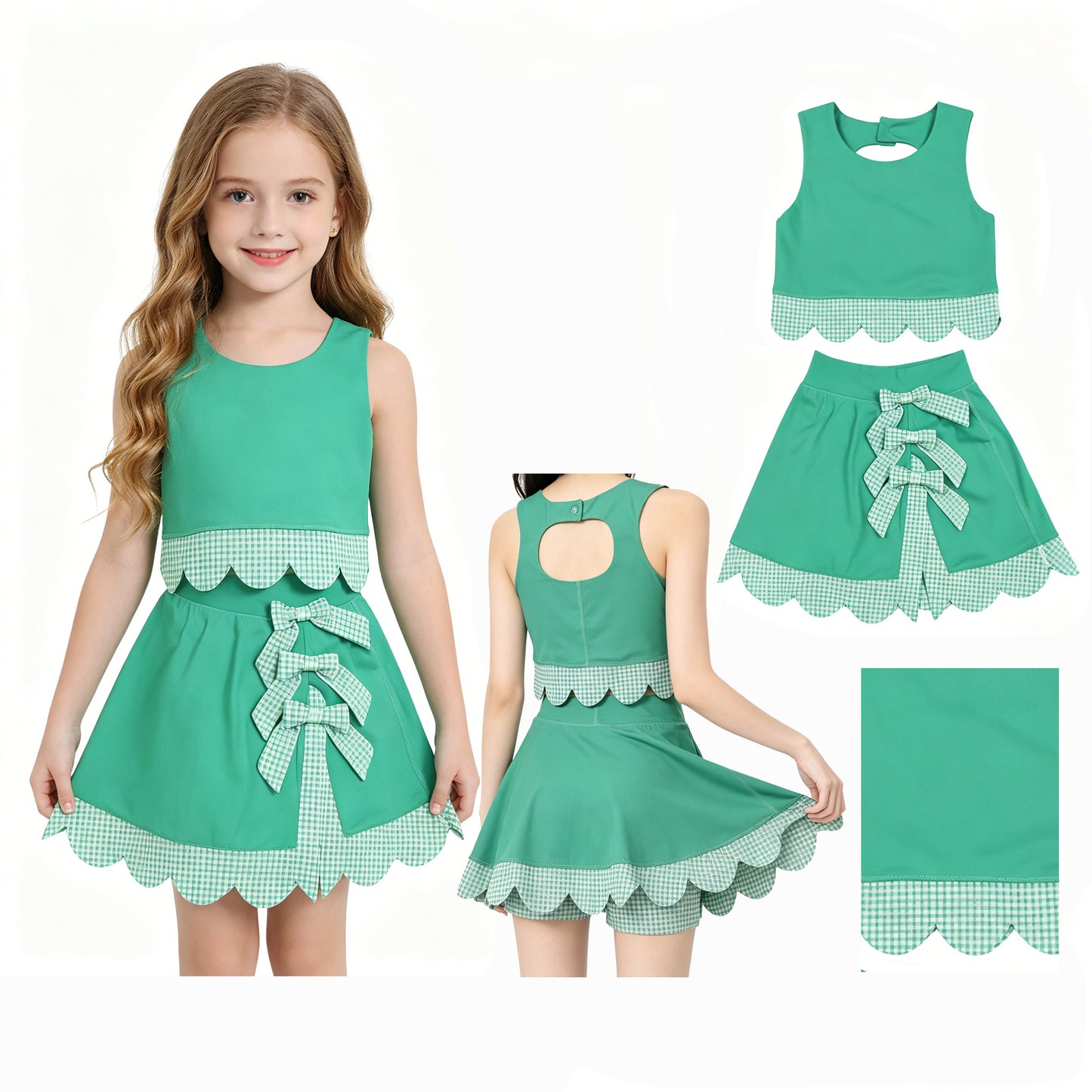 GSD3320 scallop bow yoga  green GIRL summer outfit 202630 RTS