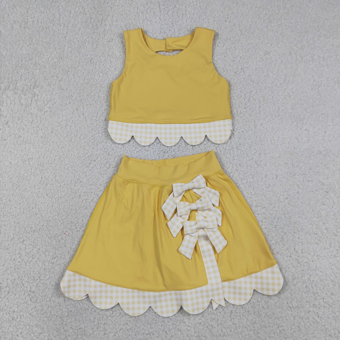 GSD3324  bow Scallop checkboard yoga yellow GIRL summer outfit 202630 RTS