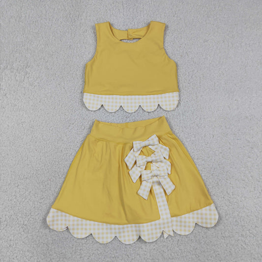 GSD3324  bow Scallop checkboard yoga yellow GIRL summer outfit 202630 RTS