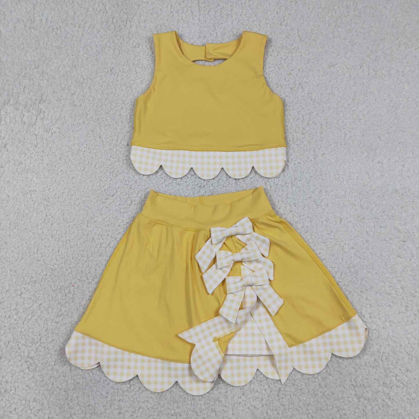 GSD3324  bow Scallop checkboard yoga yellow GIRL summer outfit 202630 RTS