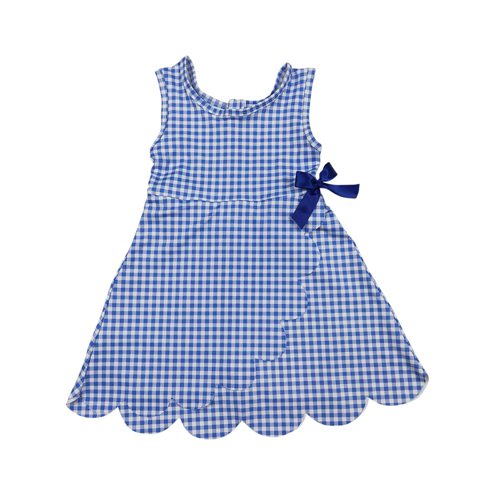 NO MOQ RTS GSD3427 Girl Clothes Blue Gingham Plaid Print Sleeveless Scallop Hem Bow Dress 202610
