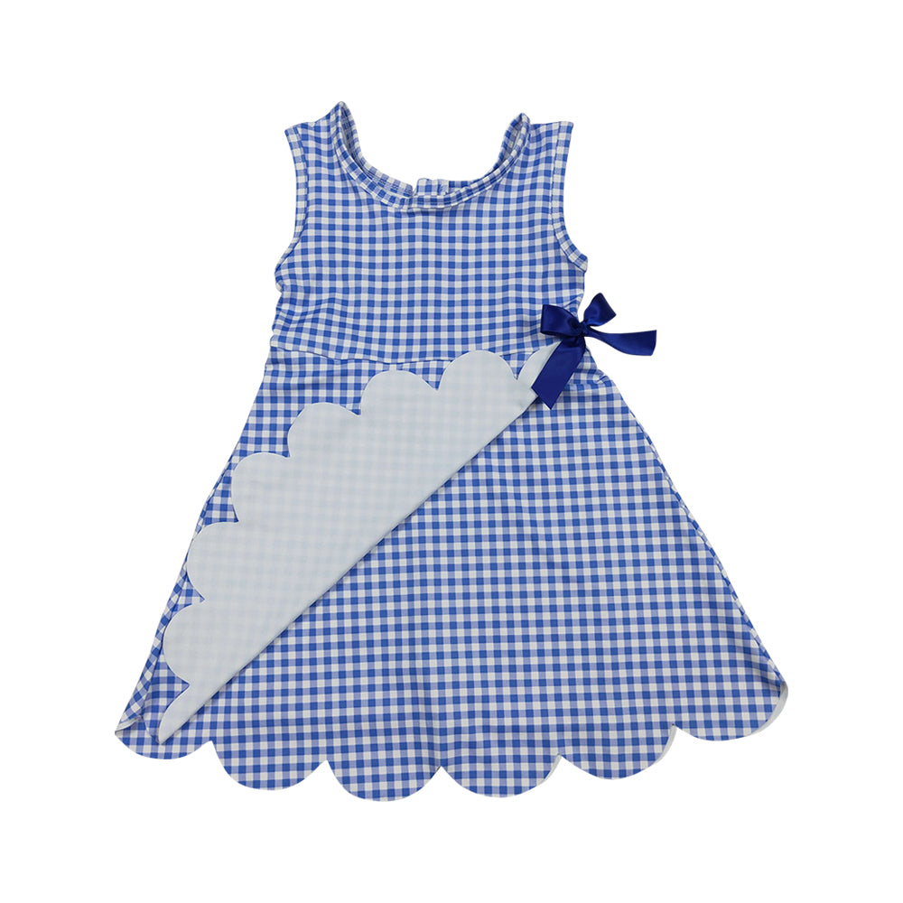 NO MOQ RTS GSD3427 Girl Clothes Blue Gingham Plaid Print Sleeveless Scallop Hem Bow Dress 202610