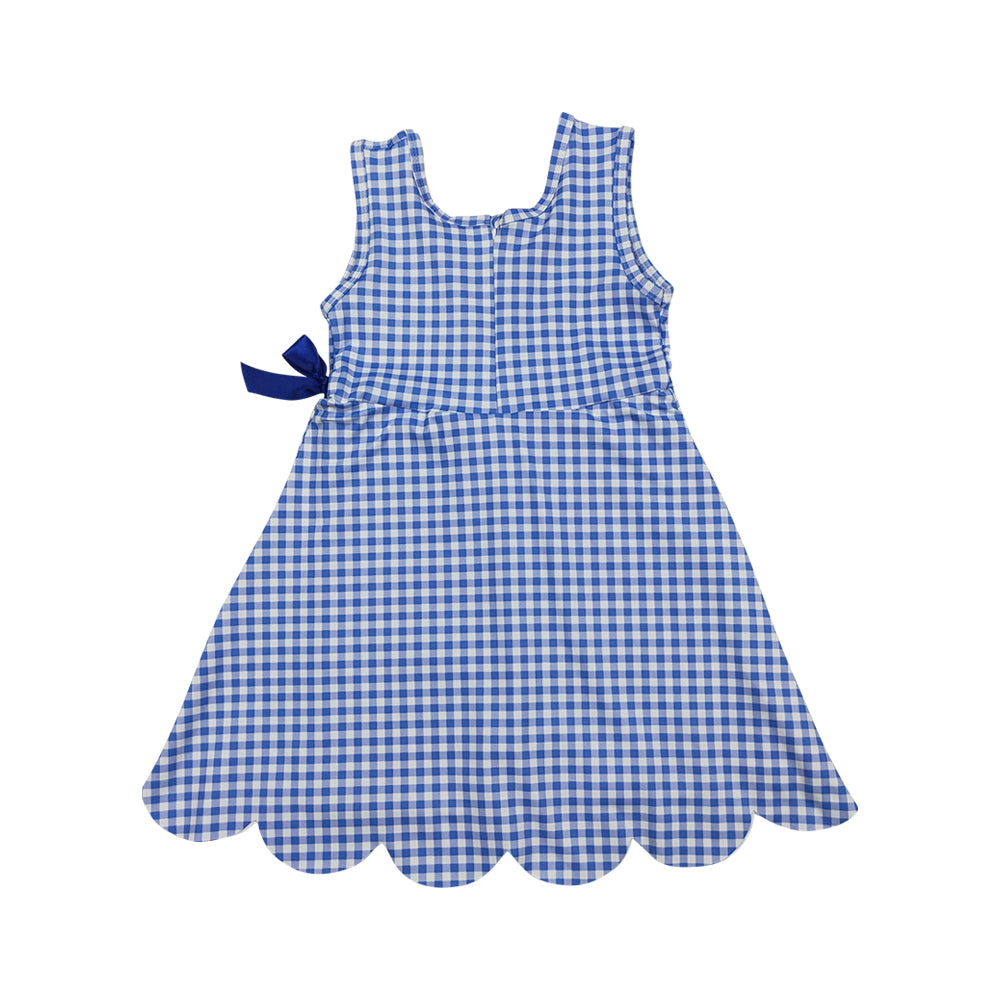 NO MOQ RTS GSD3427 Girl Clothes Blue Gingham Plaid Print Sleeveless Scallop Hem Bow Dress 202610