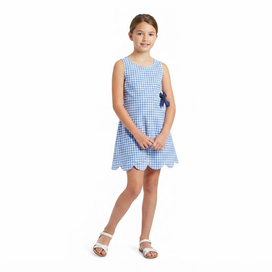NO MOQ RTS GSD3427 Girl Clothes Blue Gingham Plaid Print Sleeveless Scallop Hem Bow Dress 202610