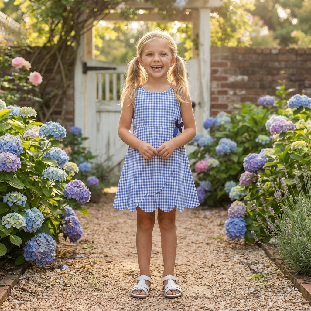 NO MOQ RTS GSD3427 Girl Clothes Blue Gingham Plaid Print Sleeveless Scallop Hem Bow Dress 202610