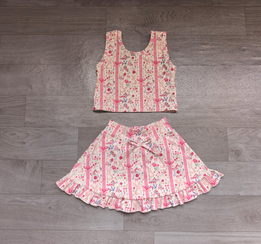 Sample-Real Pics GSD3496 Baby Girl Clothes Easter Bunny Floral Plaid Print Sleeveless Tank Top Ruffle Skirt Set