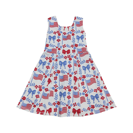 NO MOQ RTS GSD3500 Girl Clothes American Flag Bow Floral Print Sleeveless Scoop Neck Flare Twirl Dress 202610