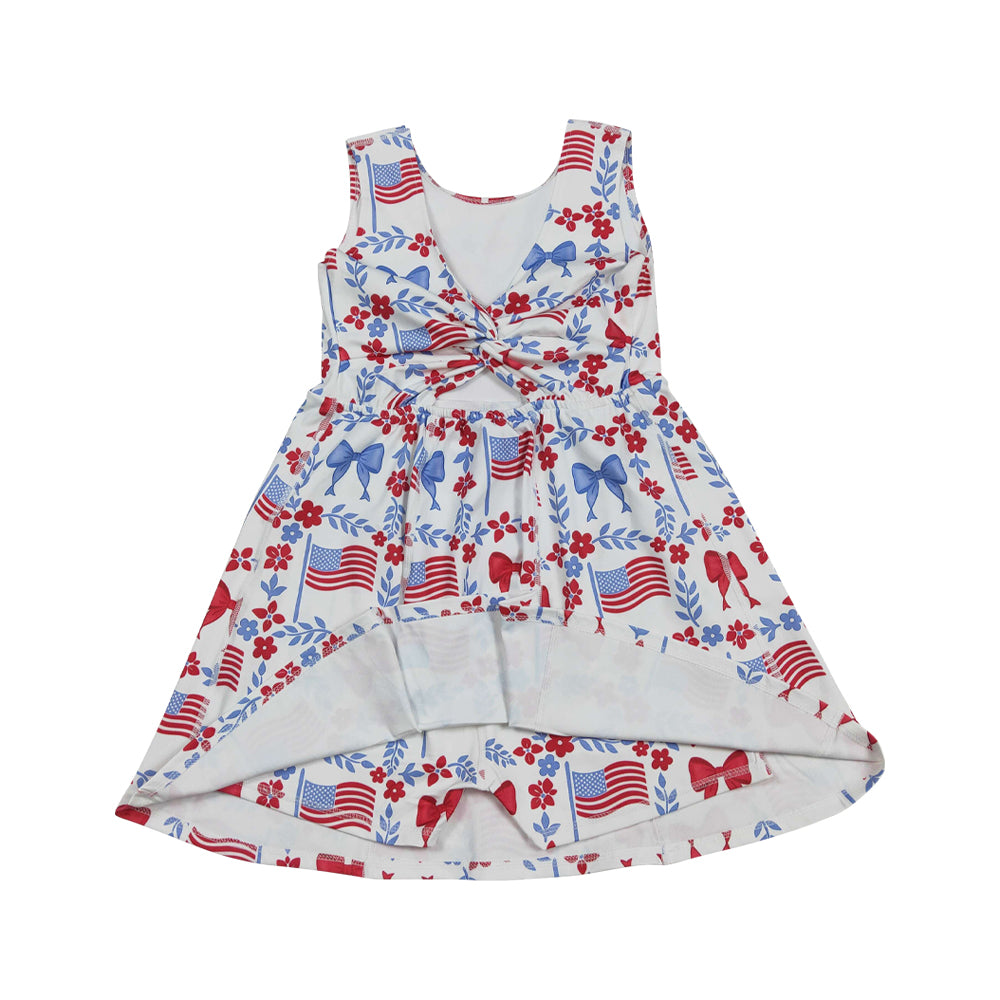 NO MOQ RTS GSD3500 Girl Clothes American Flag Bow Floral Print Sleeveless Scoop Neck Flare Twirl Dress 202610