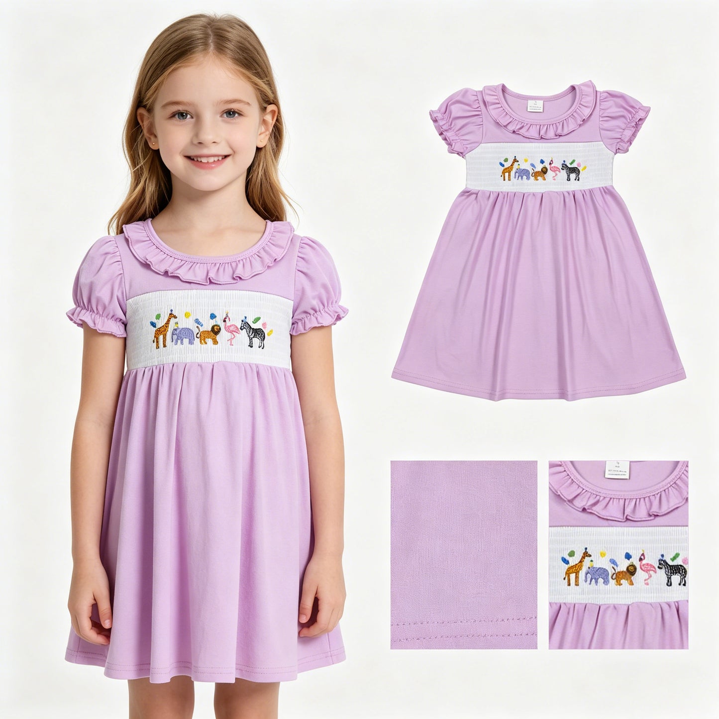 GSD3578-SMOCKED  animal purple girl summer dress 202605  RTS