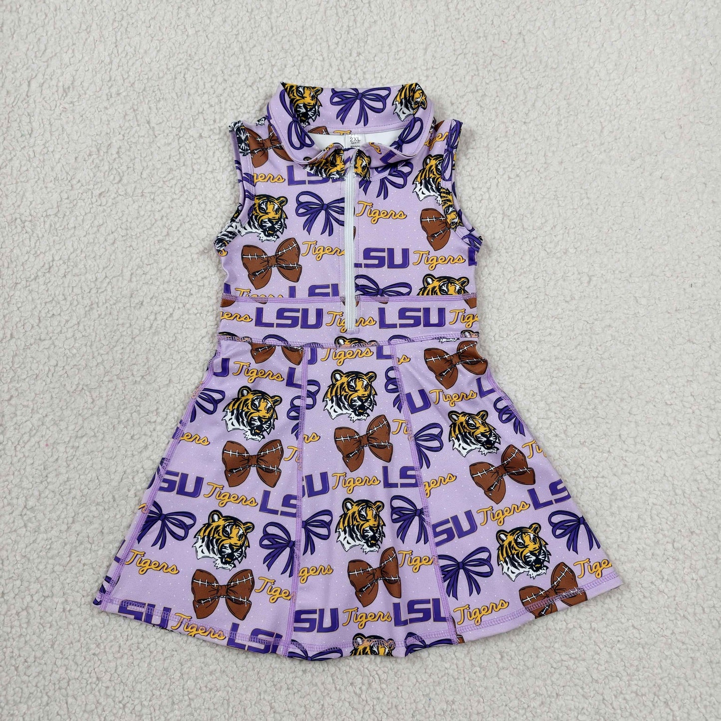 GSD3604  RTS ZIPPER LSU team purple tiger bow yoga  girl dress 202607