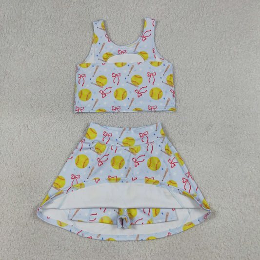 GSD3836 baseball bow yoga purple ruffle girl  outfit skirt  202604 RTS