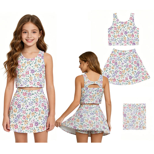 GSD3838 flower baseball bow yoga purple ruffle girl  outfit skirt  202604 RTS