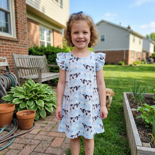 NO MOQ RTS GSD3895 Baby Girl Clothes Cow Light Blue Gingham Print Short Flutter Sleeve Dress
