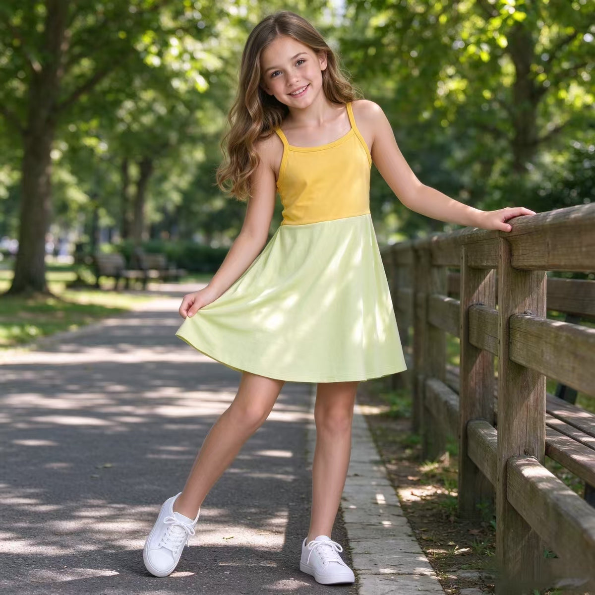 NO MOQ RTS GSD3982(1)-yoga Baby Girl Clothes Two Tone Yellow Sleeveless Spaghetti Strap Swing Dress 202610