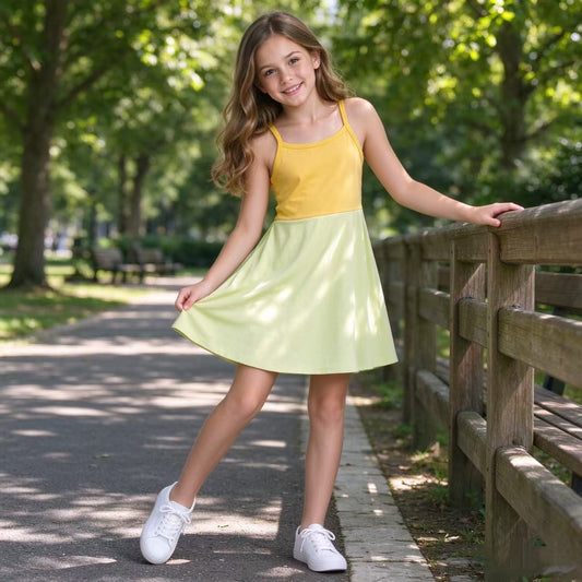 NO MOQ RTS GSD3982(1)-yoga Baby Girl Clothes Two Tone Yellow Sleeveless Spaghetti Strap Swing Dress 202610