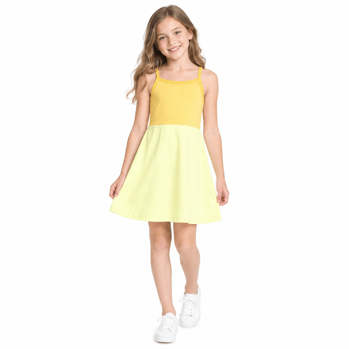 NO MOQ RTS GSD3982(1)-yoga Baby Girl Clothes Two Tone Yellow Sleeveless Spaghetti Strap Swing Dress 202610