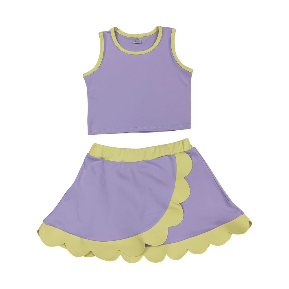 NO MOQ RTS GSD4011 Girl Clothes Solid Purple Yellow Trim Plain Print Sleeveless Tank Top Scallop Skirt Set 202610