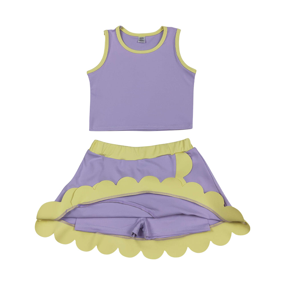 NO MOQ RTS GSD4011 Girl Clothes Solid Purple Yellow Trim Plain Print Sleeveless Tank Top Scallop Skirt Set 202610