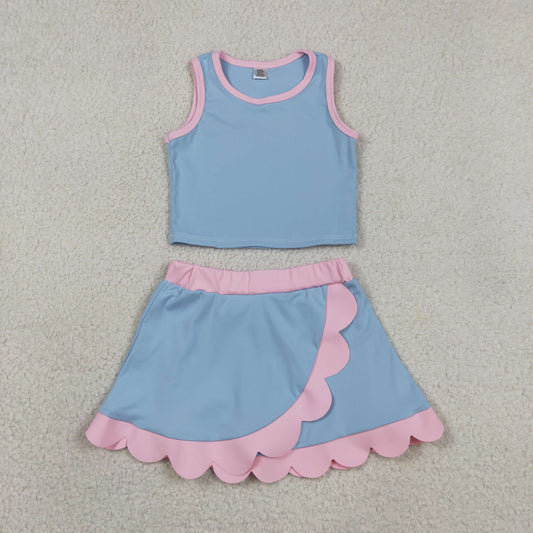 NO MOQ RTS GSD4014 Girl Clothes Solid Blue Pink Trim Plain Print Sleeveless Tank Top Scallop Skirt Set 202610