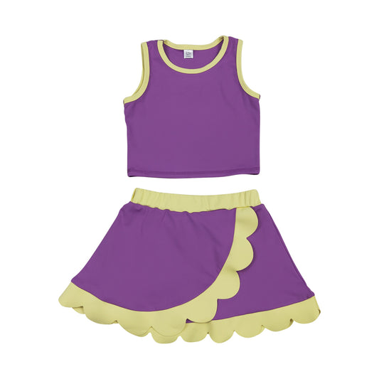 NO MOQ RTS GSD4015 Girl Clothes Solid Dark Purple Yellow Trim Plain Print Sleeveless Tank Top Scallop Skirt Set 202610