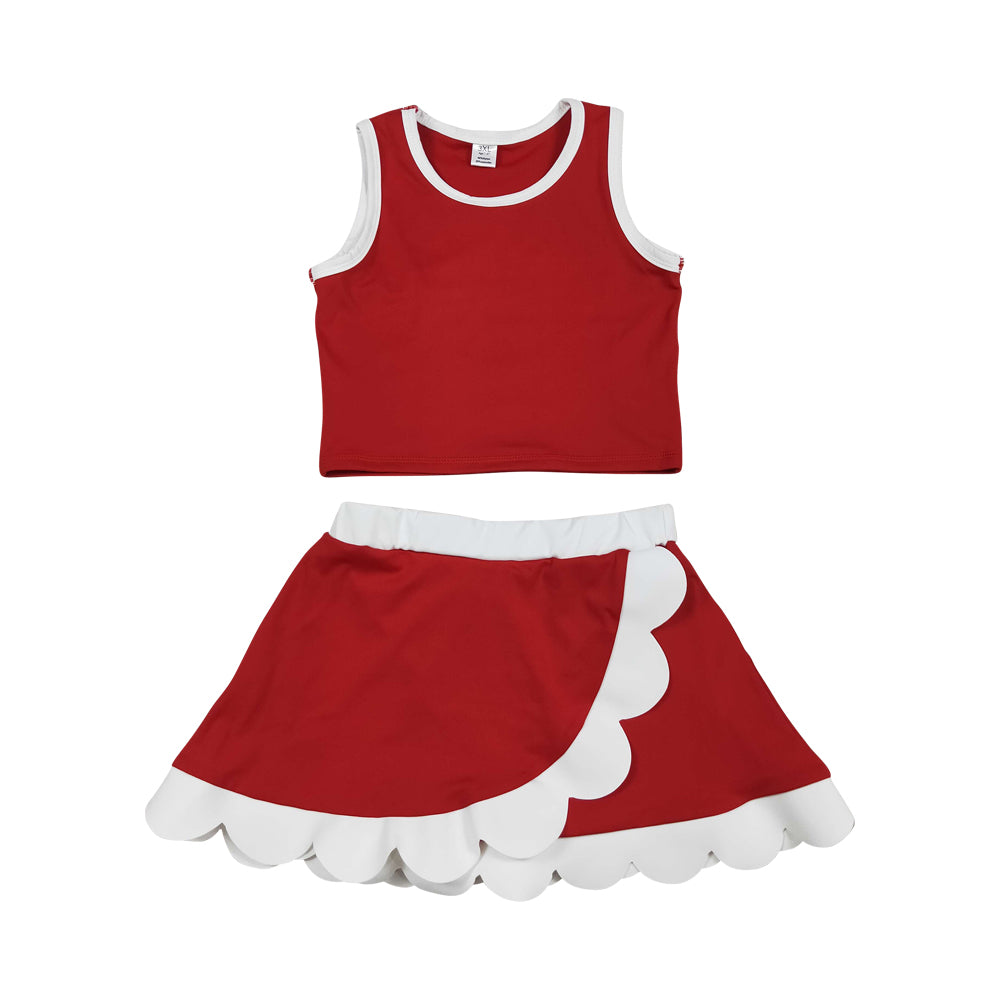 NO MOQ RTS GSD4016 Girl Clothes Solid Red White Trim Plain Print Sleeveless Tank Top Scallop Skirt Set 202610