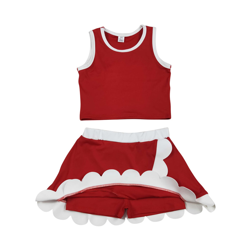 NO MOQ RTS GSD4016 Girl Clothes Solid Red White Trim Plain Print Sleeveless Tank Top Scallop Skirt Set 202610