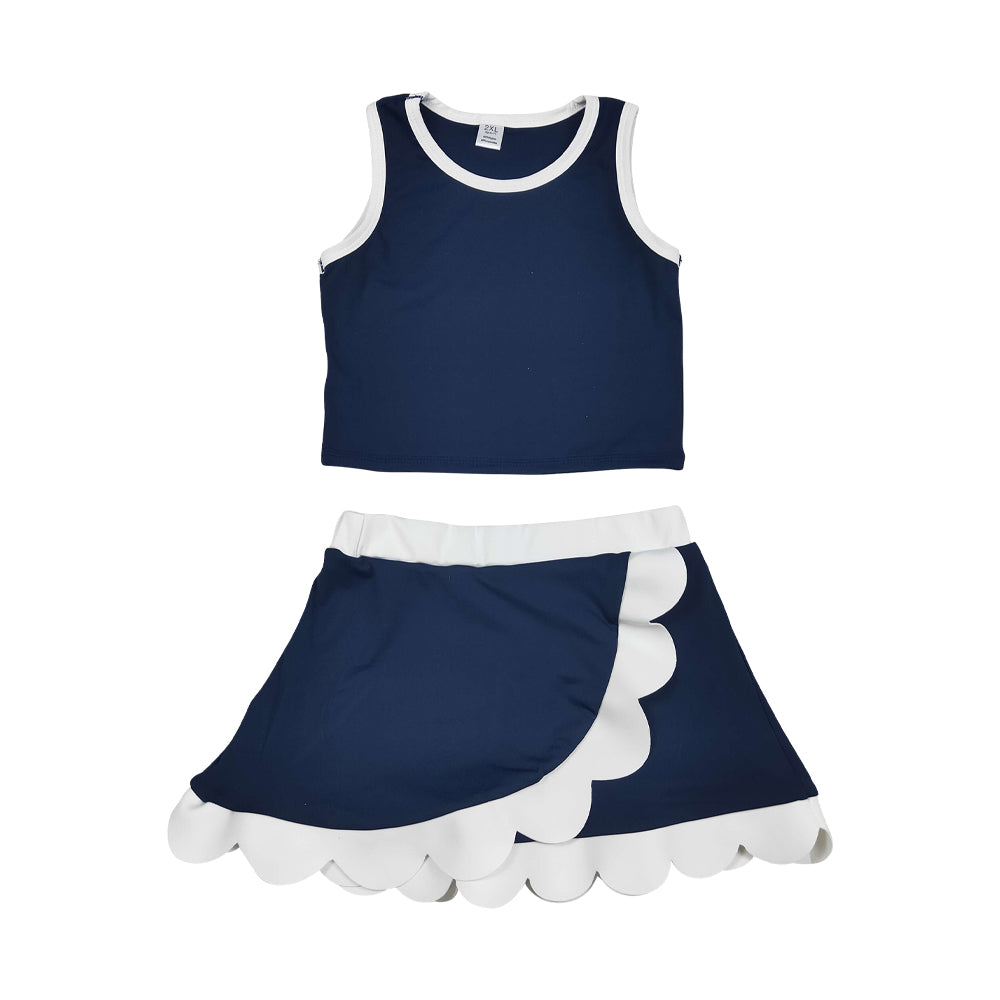 NO MOQ RTS GSD4024 Girl Clothes Solid Navy White Trim Plain Print Sleeveless Tank Top Scallop Skirt Set 202610