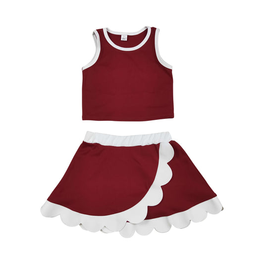 NO MOQ RTS GSD4027 Girl Clothes Solid Burgundy White Trim Plain Print Sleeveless Tank Top Scallop Skirt Set 202610