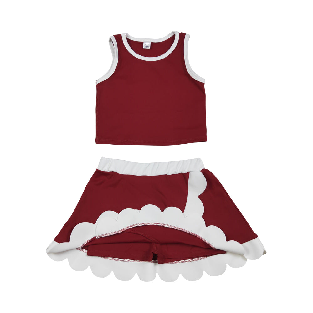 NO MOQ RTS GSD4027 Girl Clothes Solid Burgundy White Trim Plain Print Sleeveless Tank Top Scallop Skirt Set 202610