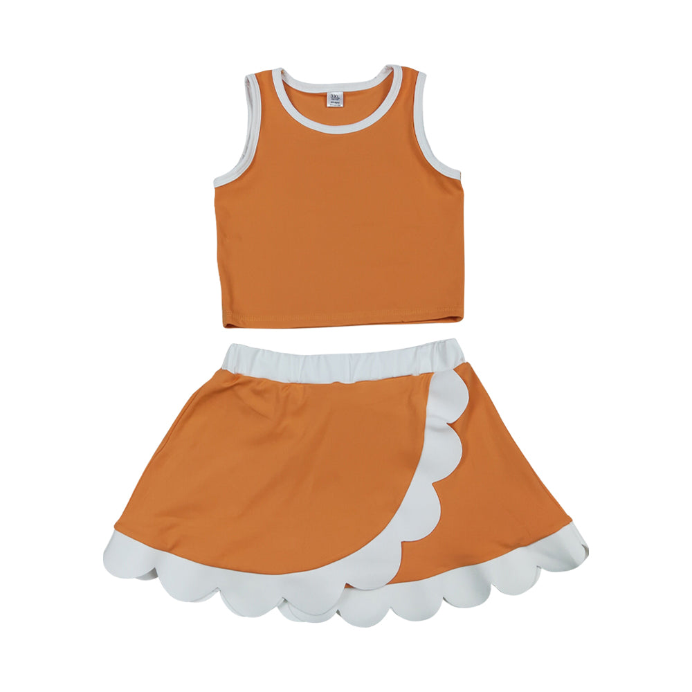 NO MOQ RTS GSD4033 Girl Clothes Solid Orange White Trim Plain Print Sleeveless Tank Top Scallop Skirt Set 202610