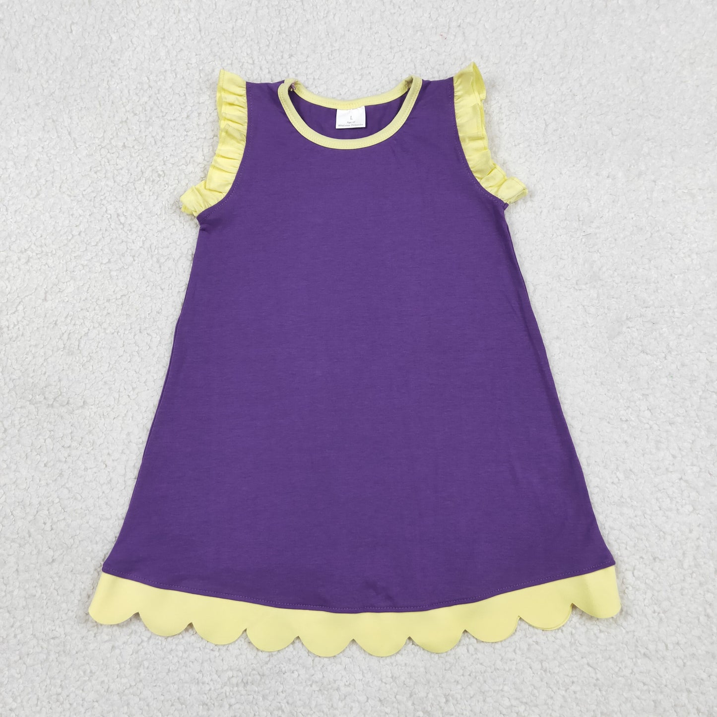 GSD4046  YOGA PURPLE YELLOW solid  scallop girl dress ruffle rts