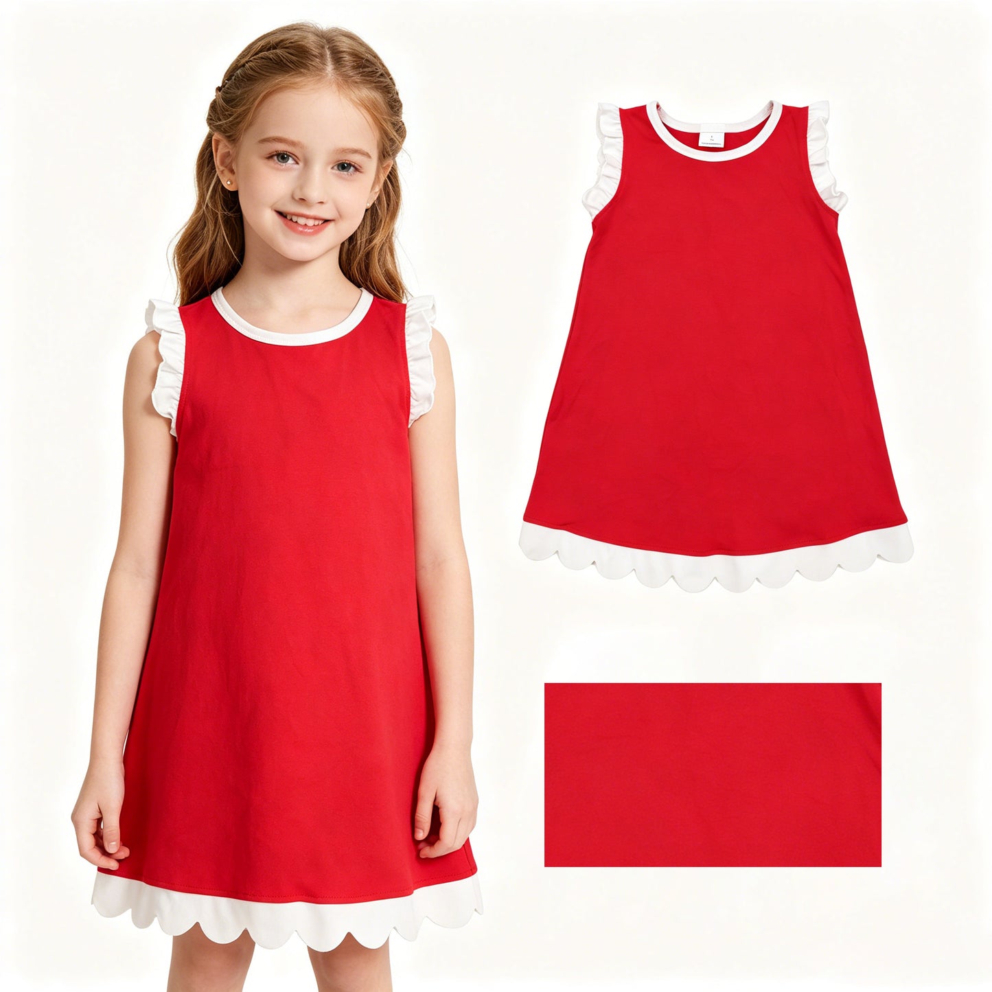 GSD4047 YOGA red solid  scallop girl dress ruffle scallop