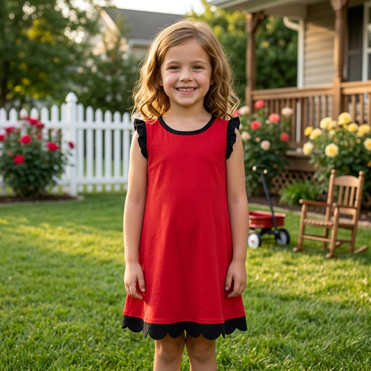 NO MOQ RTS GSD4057 Baby Girl Clothes Solid light Red Black Scallop Trim Sleeveless Dress